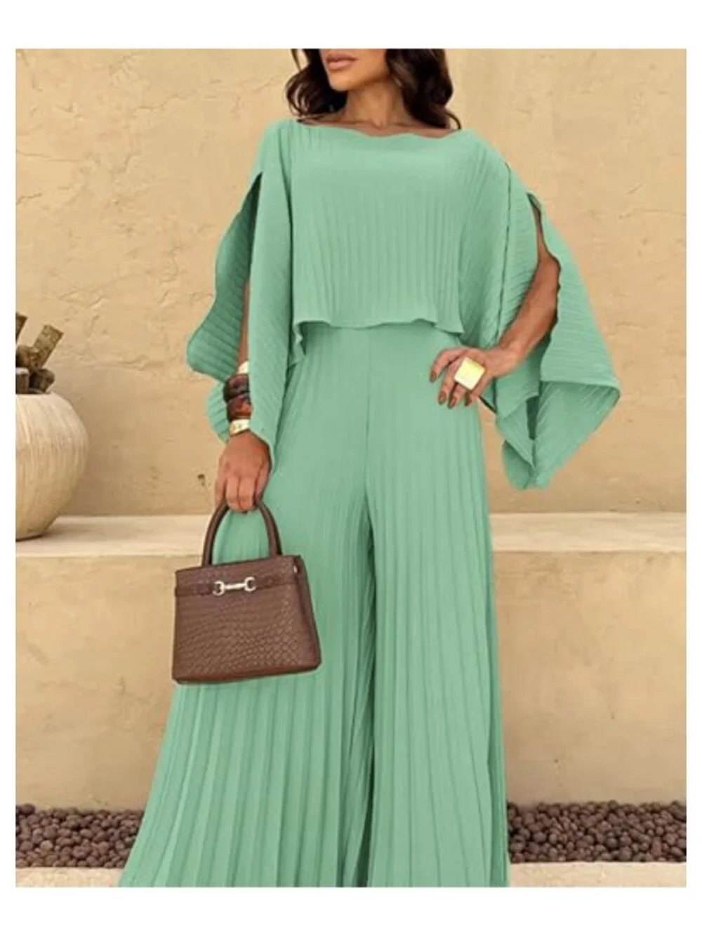 3 Piece Pleated Vacation Outfit Set with Crop Top, Bandeau & Wide Leg Pants